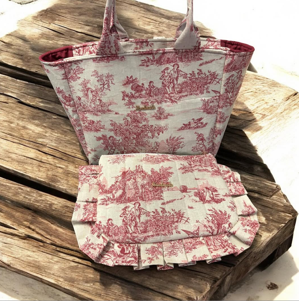Le sac et sa Pochette assortie en toile de Jouy